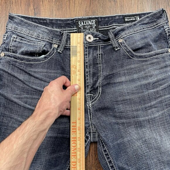 Salvage Mayhem Boot Regular Fit Jeans Men's 34S Blue Denim Buckle Pants Logo - Picture 8 of 10